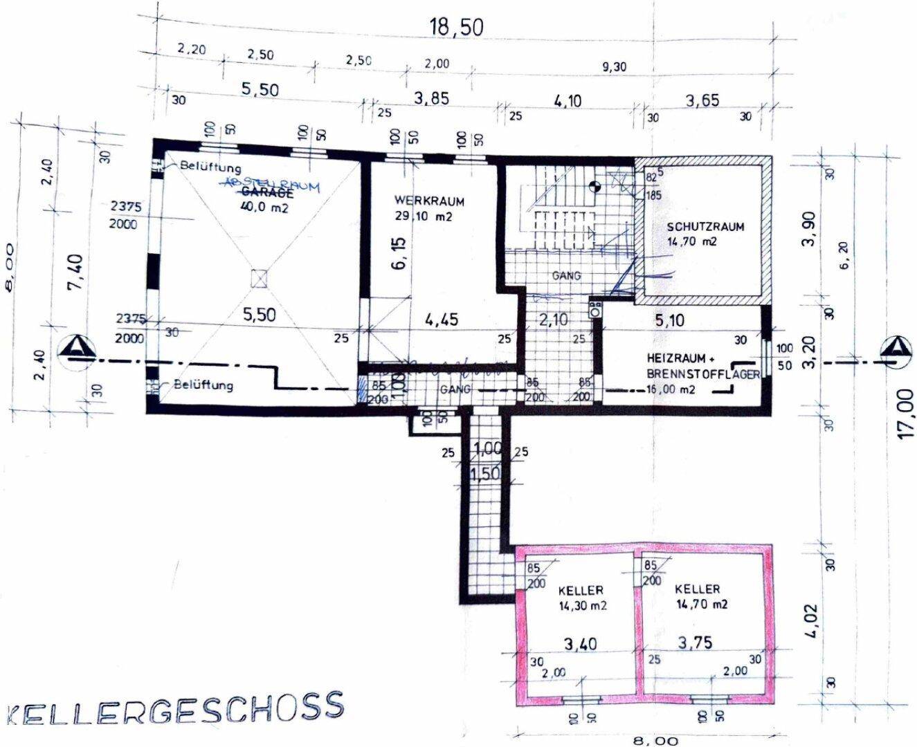 Grundriss des Kellergeschosses mit Garage, Werkraum, Heizungsraum und zwei Kellerräumen.