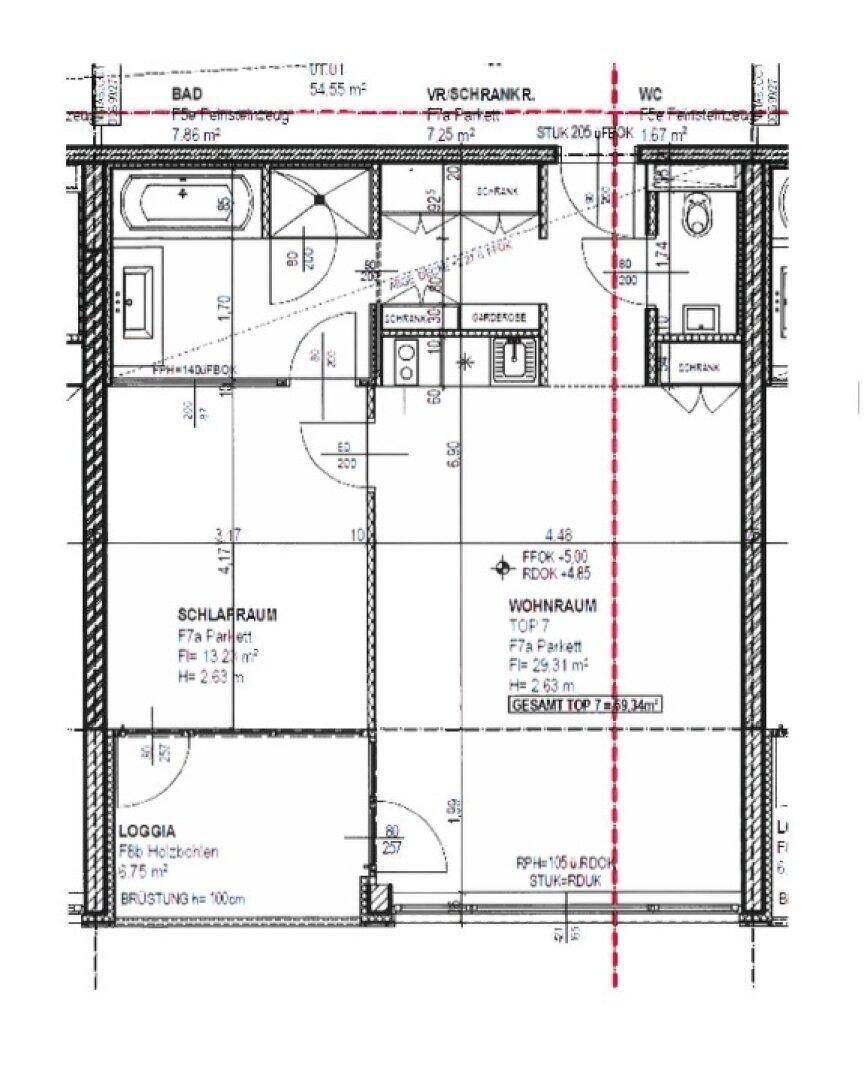 Grundriss einer Wohnung mit Schlafzimmer, Wohnraum, Bad und Loggia.