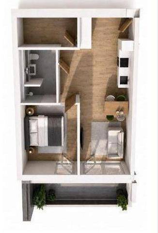 3D-Grundrissmodell einer Wohnung mit Schlafzimmer, Bad und offenem Wohnbereich mit Balkon.