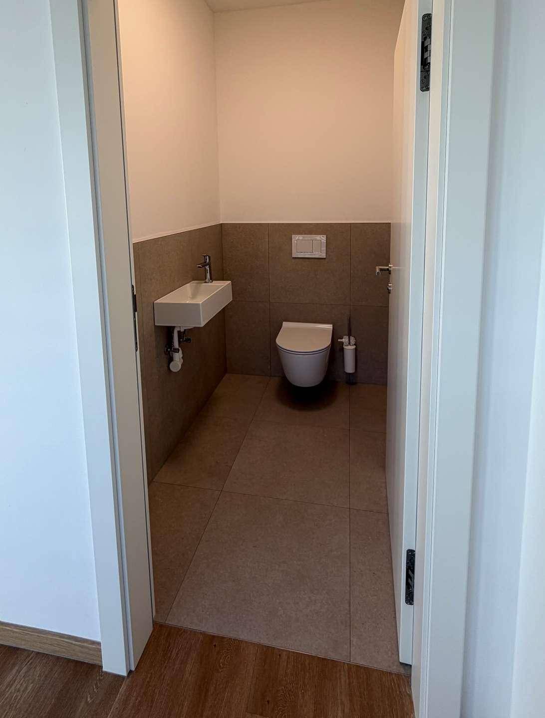 Separates Gäste-WC mit Wand-WC, kleinem Waschbecken und modernen Fliesen.
