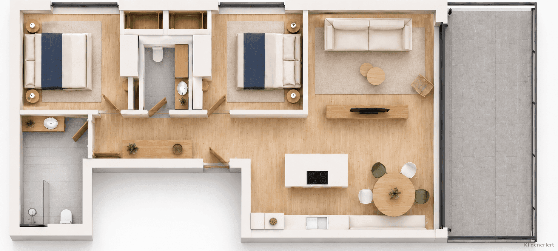 Möblierter Grundriss einer Wohnung mit offenem Wohnbereich, zwei Schlafzimmern und Balkon.