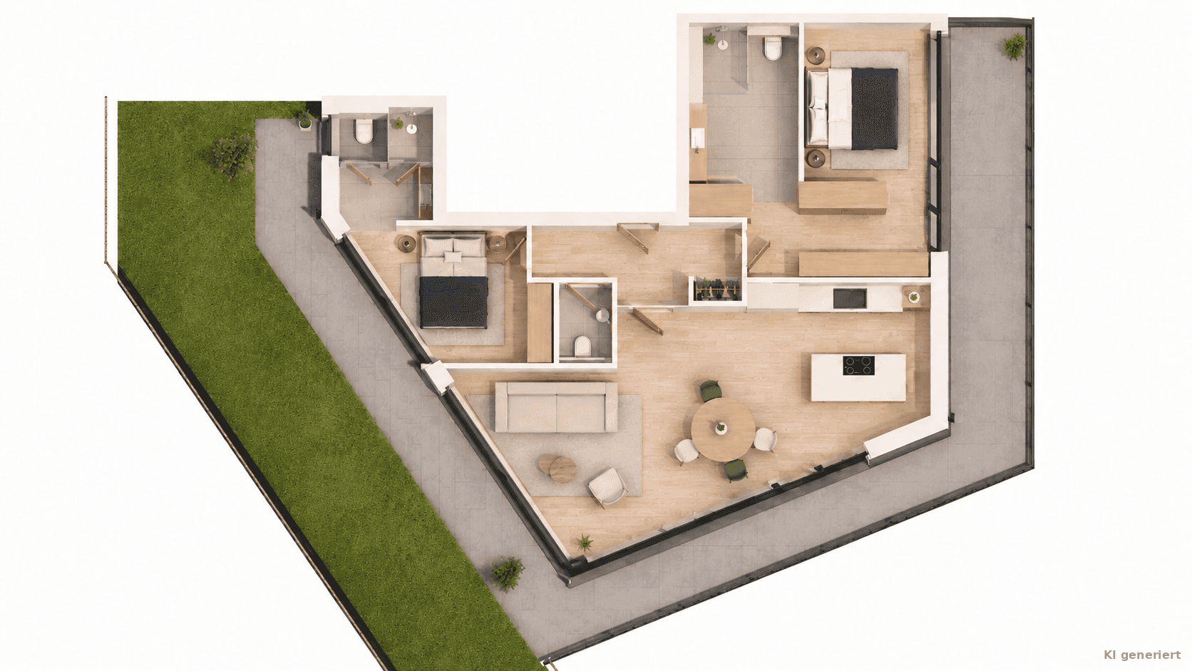Grundriss einer modernen Wohnung mit offenem Wohnbereich, zwei Schlafzimmern und Zugang zu Terrasse und Garten.