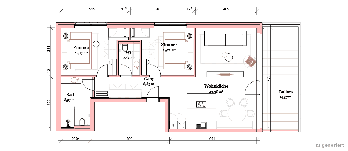 Detaillierter Grundriss der Wohnung mit Raummaßen, offenem Wohnbereich und großem Balkon.