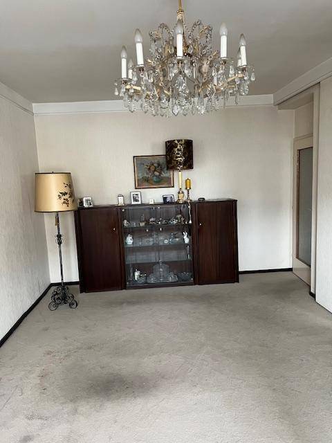 Wohnraum mit Teppichboden, einem Kronleuchter, einem Schrank und einer Stehlampe.