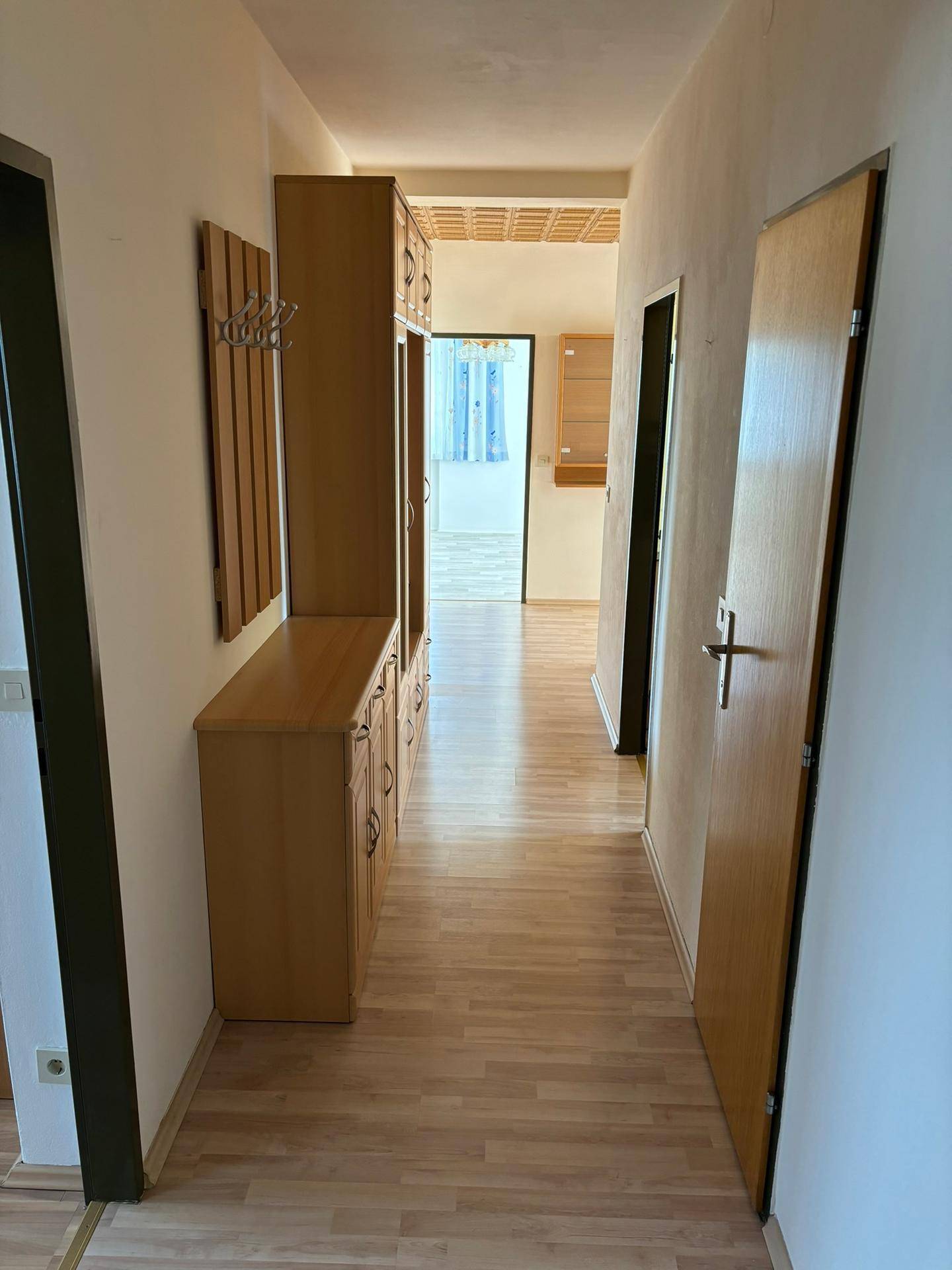 Langer Flur mit Laminatboden und Garderobenschrank, der zu weiteren Räumen führt.