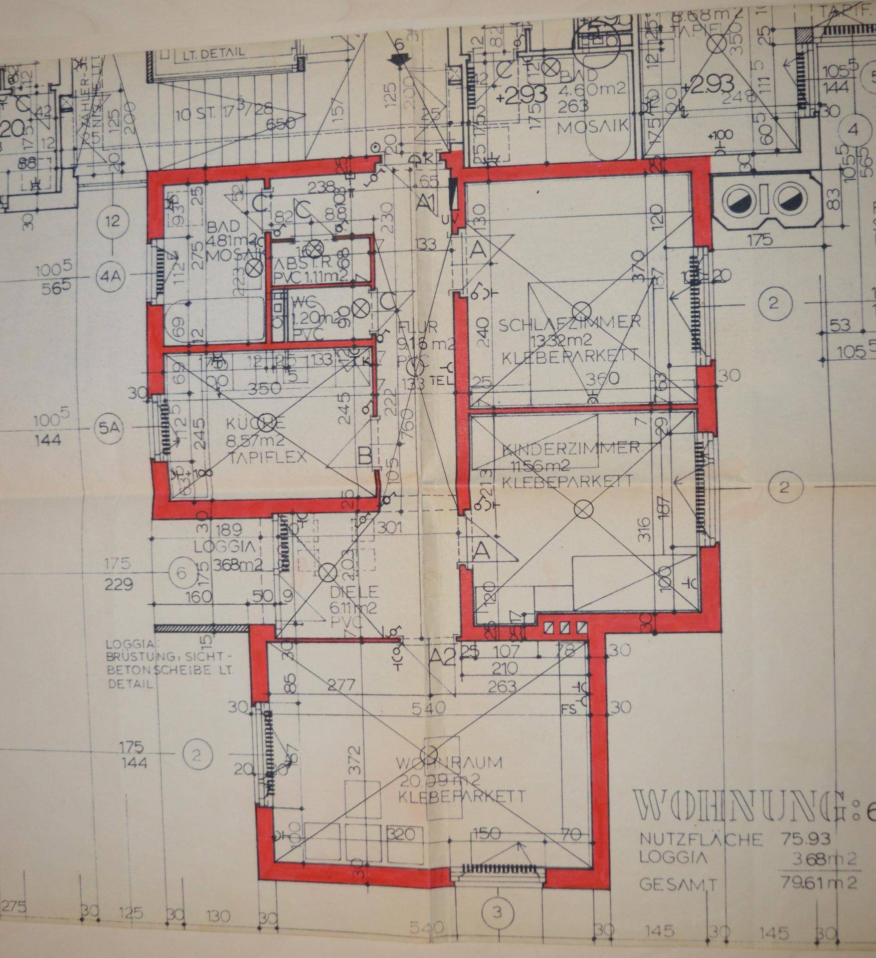 Detaillierter Grundriss der Wohnung mit eingezeichneten Räumen und Flächenangaben.