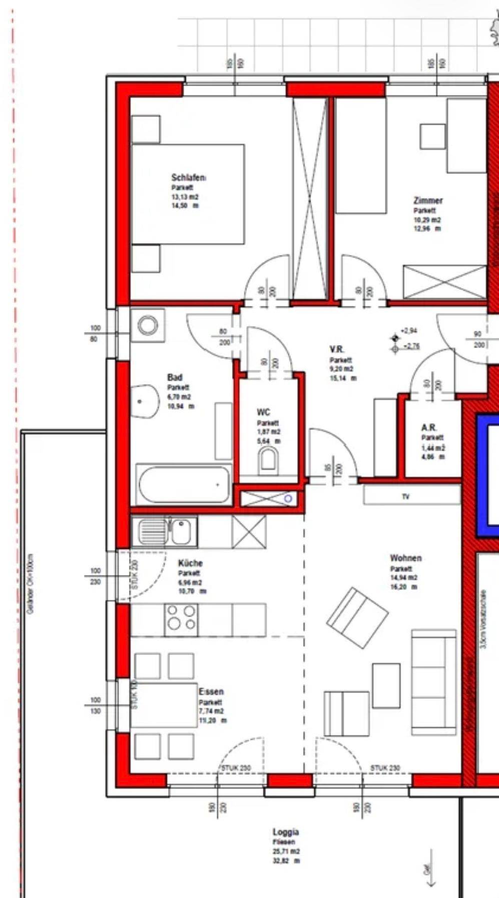 Detaillierter Grundriss der Wohnung mit drei Schlafzimmern, Bad und offener Wohnküche.