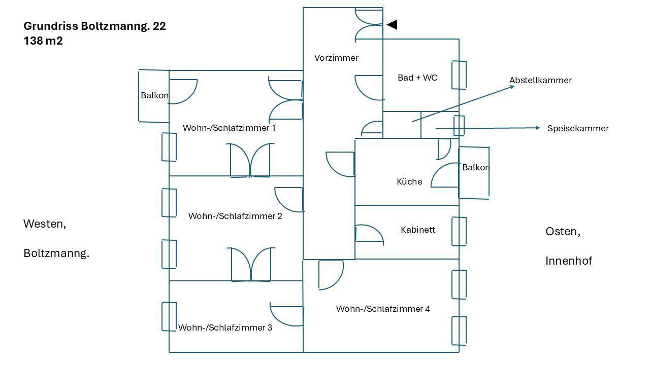 Grundriss einer 138 m² großen Wohnung mit vier flexiblen Zimmern, Küche, Bad und zwei Balkonen.