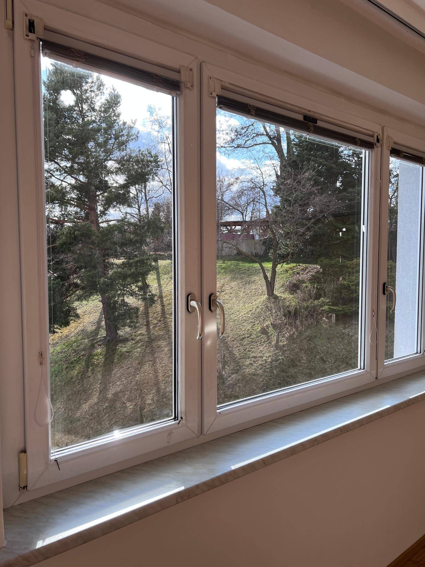 Große Fenster mit Blick auf Bäume und grüne Hügel, die viel Tageslicht hereinlassen und eine schöne Aussicht bieten.