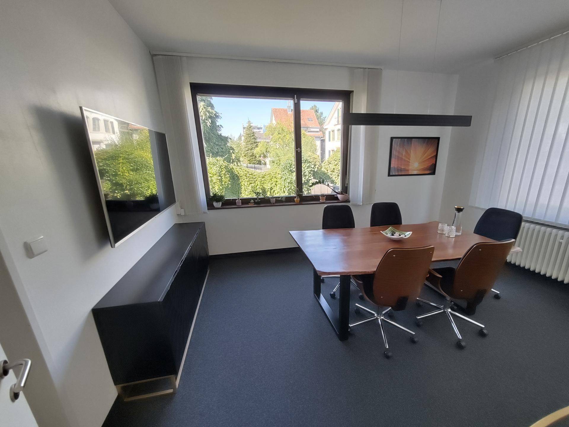 Modernes Büro mit Konferenztisch, Wandfernseher und Blick ins Grüne durch das große Fenster.