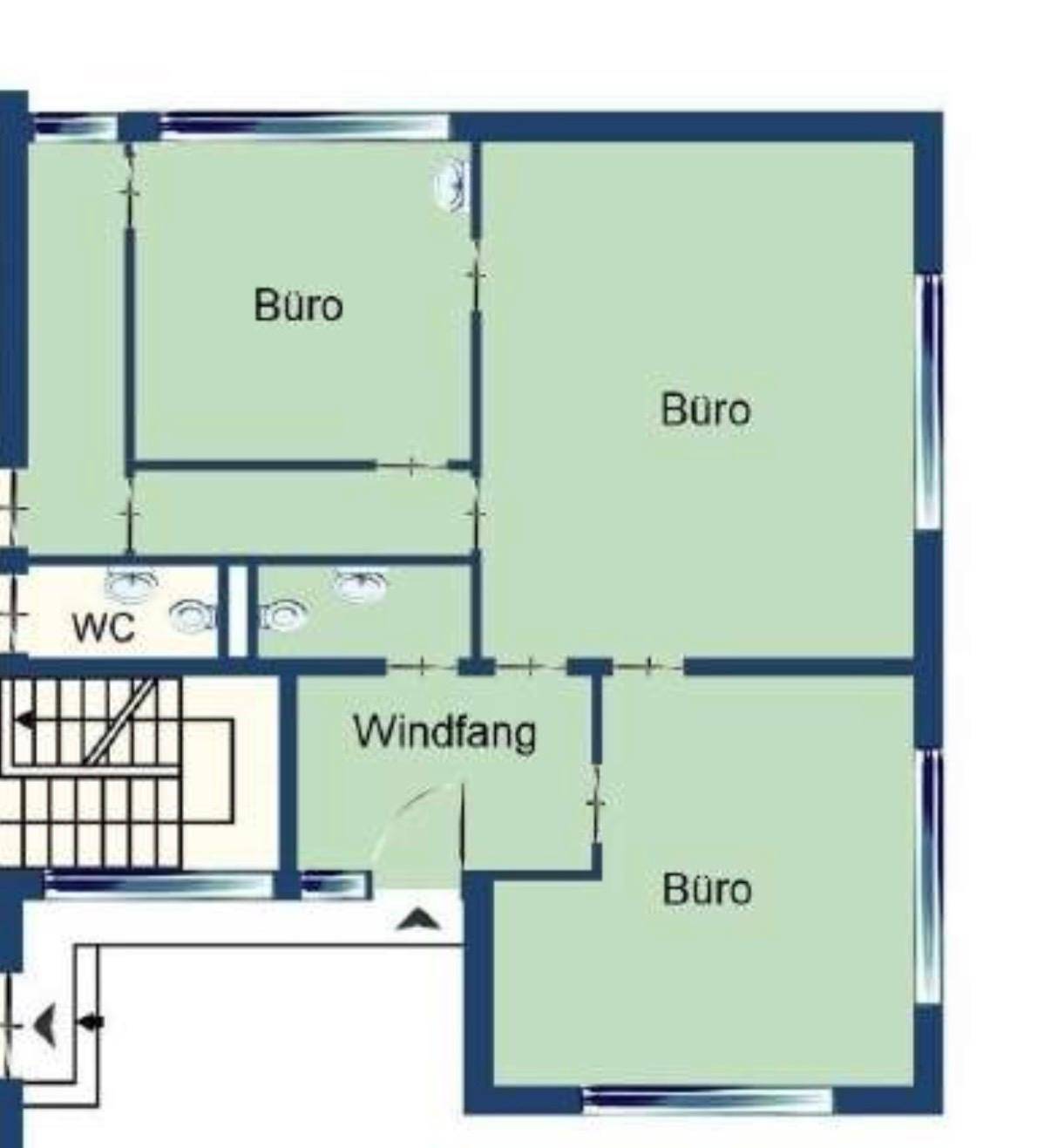Grundrissplan mit mehreren Büroräumen, einem WC und einem Windfang.