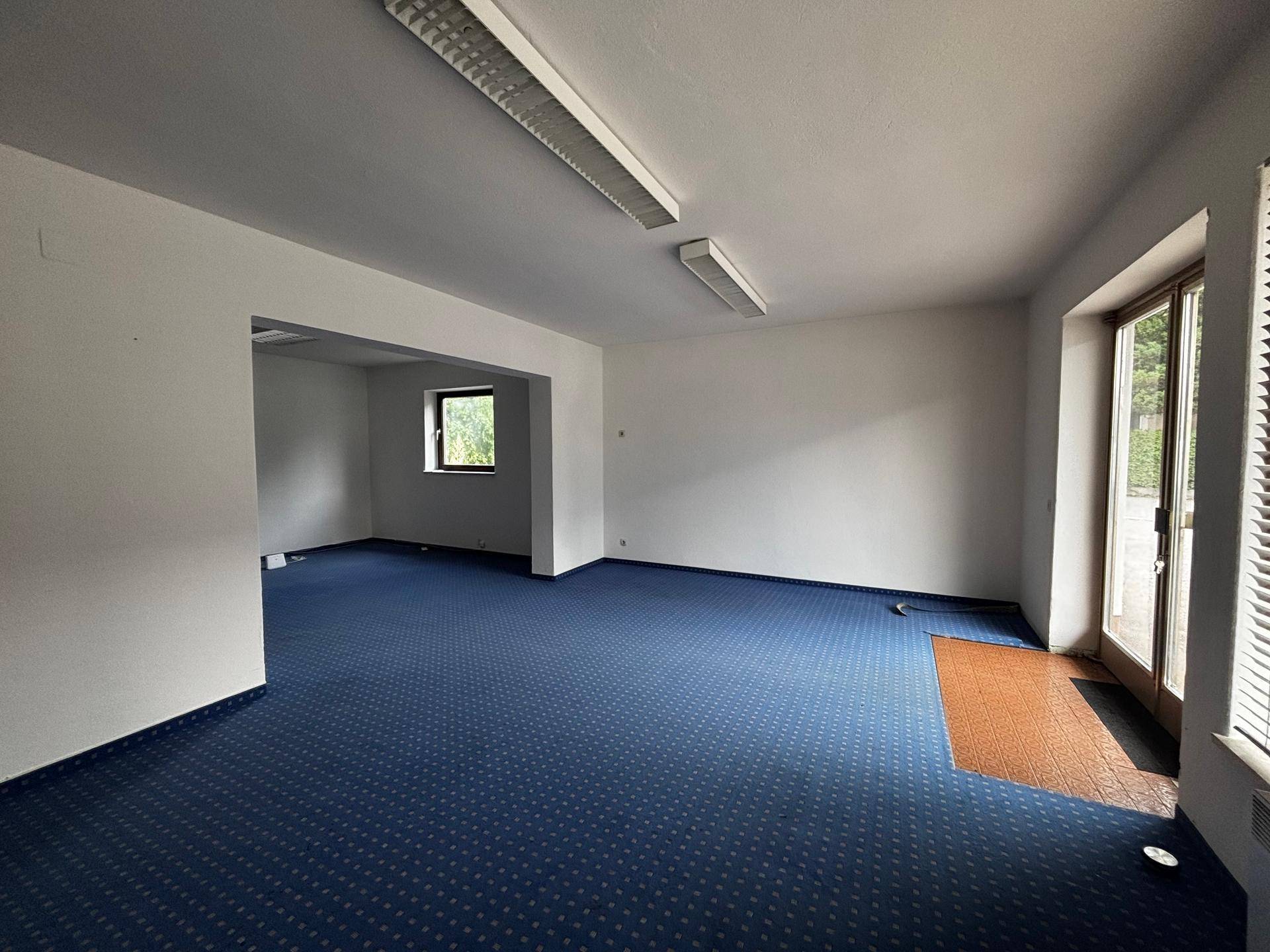 Heller Büroraum mit blauem Teppichboden, Zugang nach draußen und einem weiteren Fensterbereich.