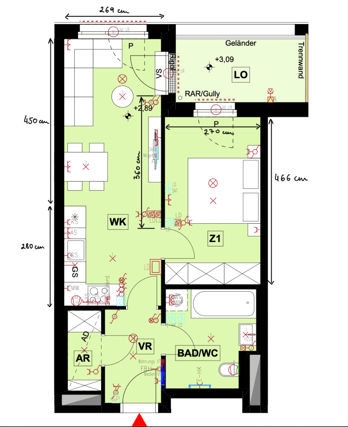 Detaillierter Grundriss einer modernen Wohnung mit offenem Wohnbereich und Balkonzugang.