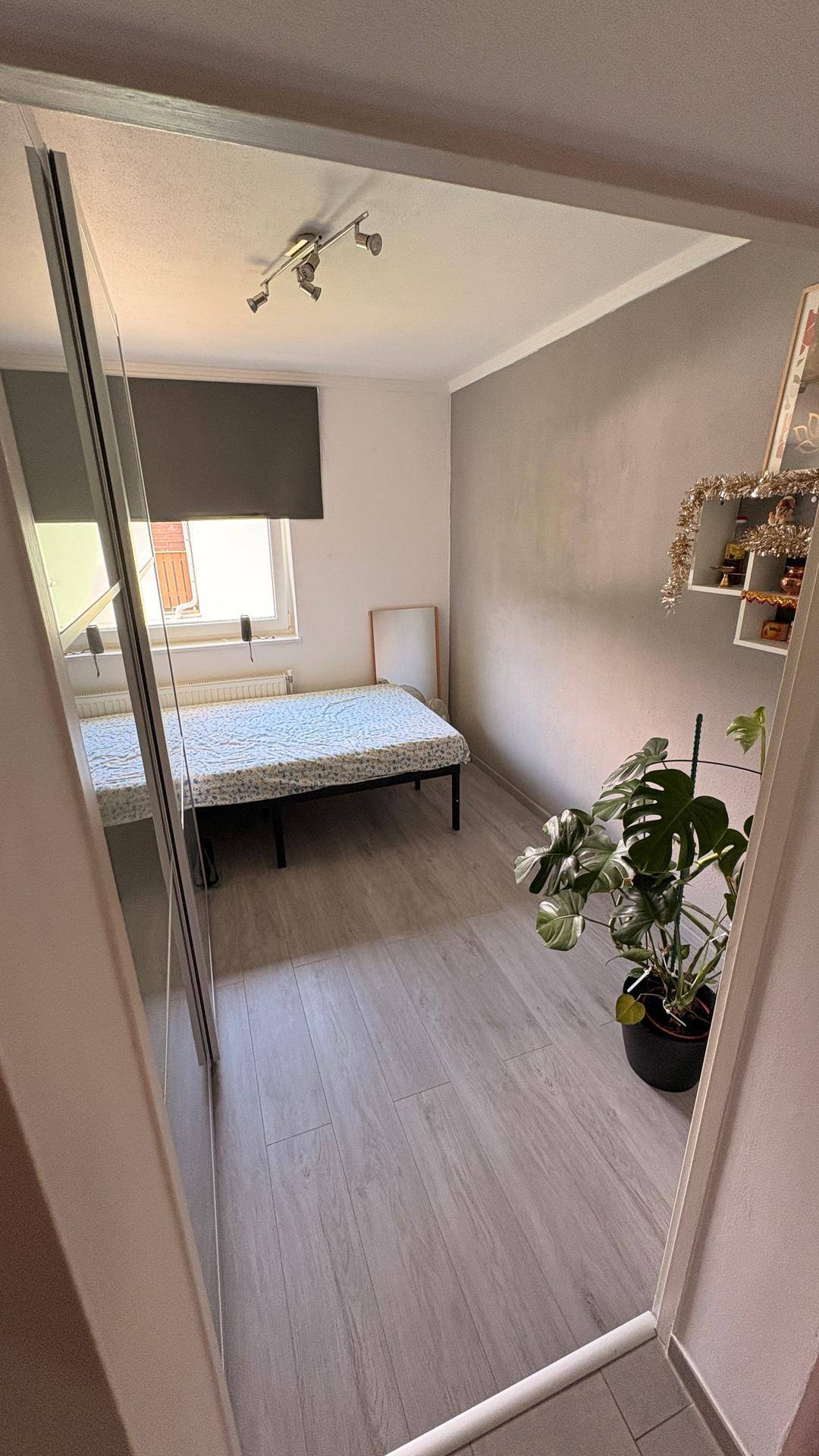 Helles Schlafzimmer mit Einzelbett, modernem Laminatboden und einer Zimmerpflanze.