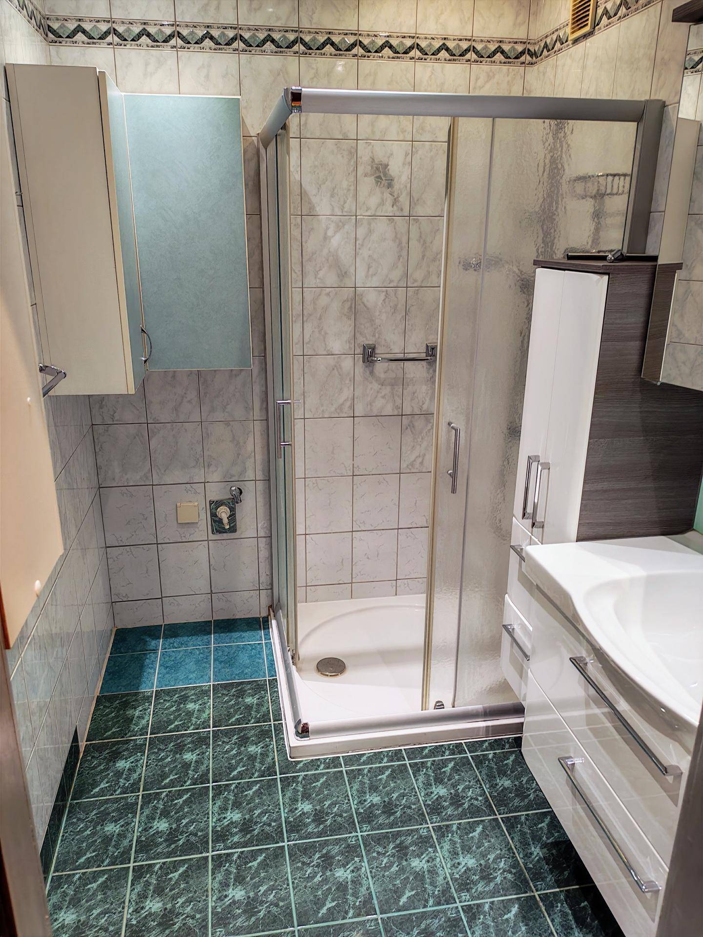 Badezimmer mit Duschkabine, Waschbecken und Fliesen in Grün und Weiß.