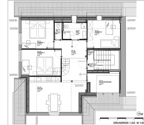 Grundriss des Dachgeschosses mit drei Schlafzimmern, zwei Bädern und einer Dachterrasse.