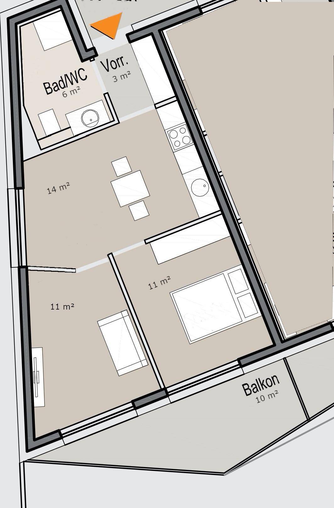 Grundrissplan einer Wohnung mit drei Zimmern, Bad, Vorraum und einem 10m² großen Balkon.