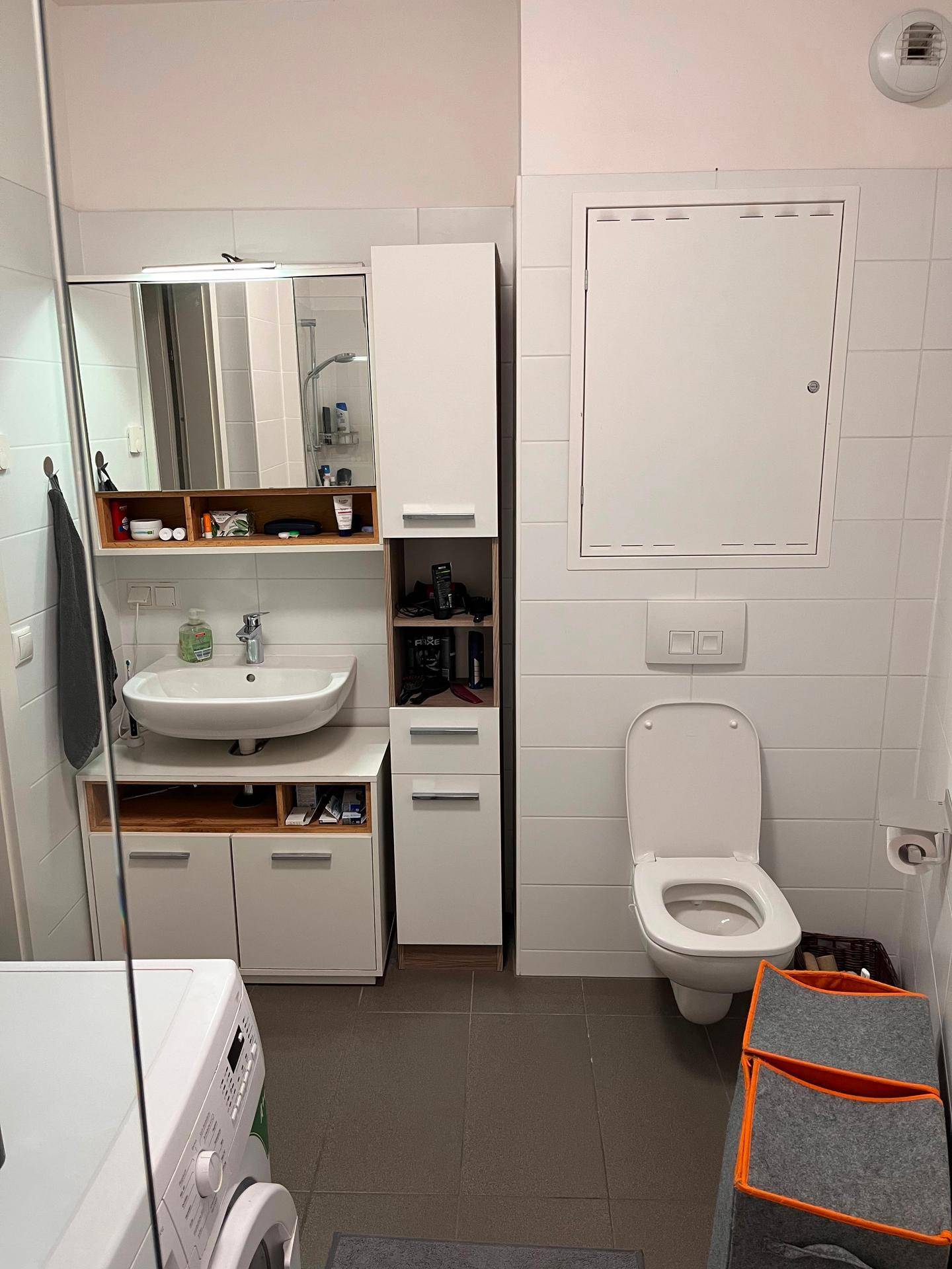 Funktionales Badezimmer mit Waschbecken, Toilette, Spiegelschrank und Waschmaschine, hell gefliest.