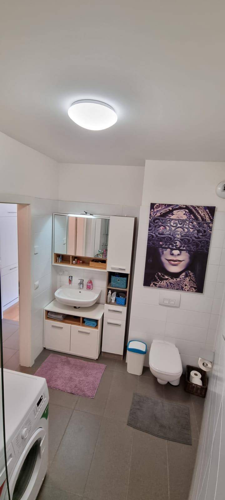 Modernes Badezimmer mit Waschbecken, Toilette, Spiegelschrank und Waschmaschine, funktional eingerichtet.
