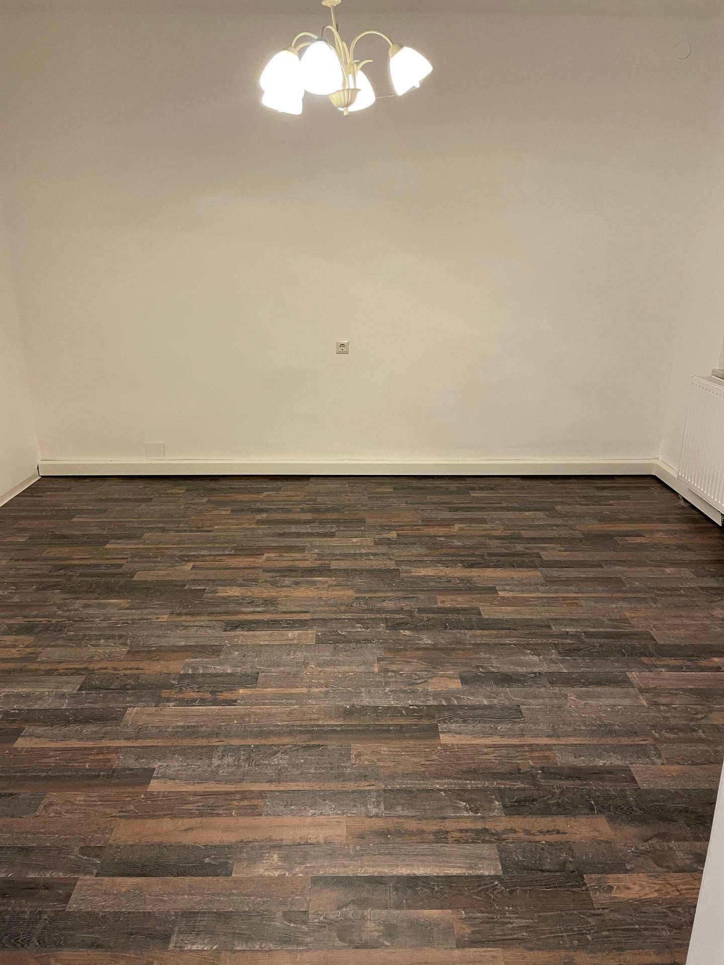 Geräumiges, leeres Wohnzimmer mit dunklem Laminatboden und einer klassischen Deckenleuchte, bereit zur Einrichtung.