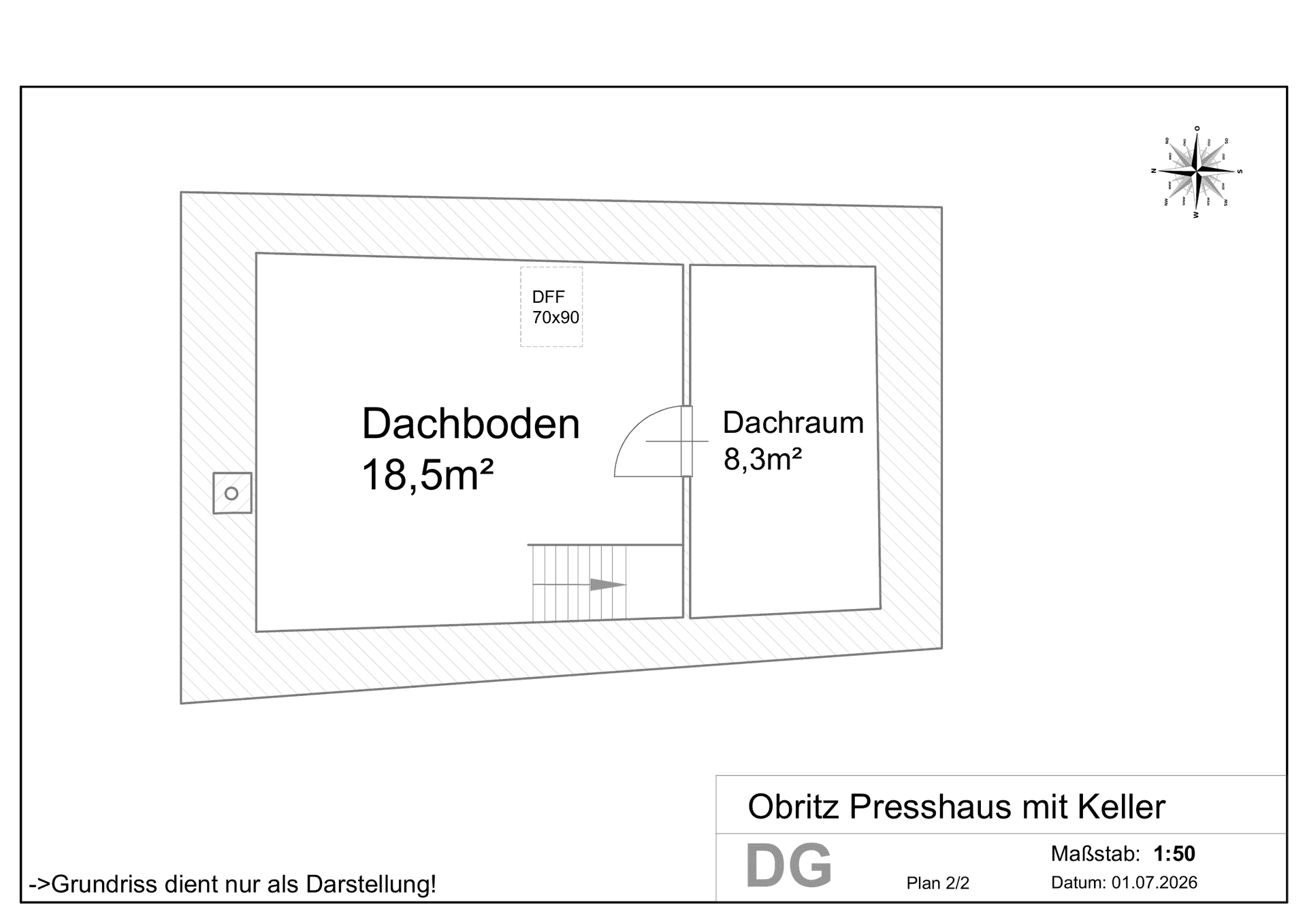 Grundriss des Dachgeschosses mit Dachboden und zusätzlichem Dachraum.