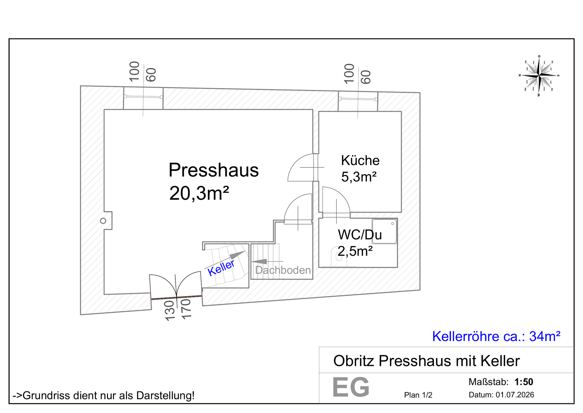 Grundriss des Erdgeschosses mit Presshaus, Küche, WC/Dusche und Kellerzugang.