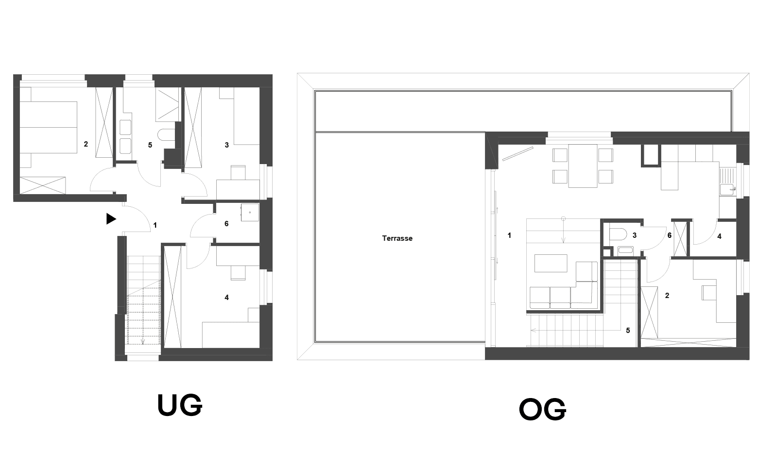 Grundrissdarstellung eines Duplex-Apartments mit Terrasse im Obergeschoss und Schlafzimmern im Untergeschoss.