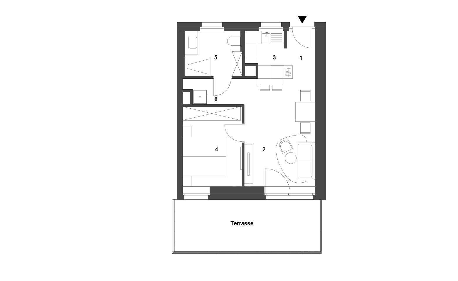 Grundriss einer Wohnung mit offener Raumaufteilung, Schlafzimmer, Bad und einer großzügigen Terrasse.