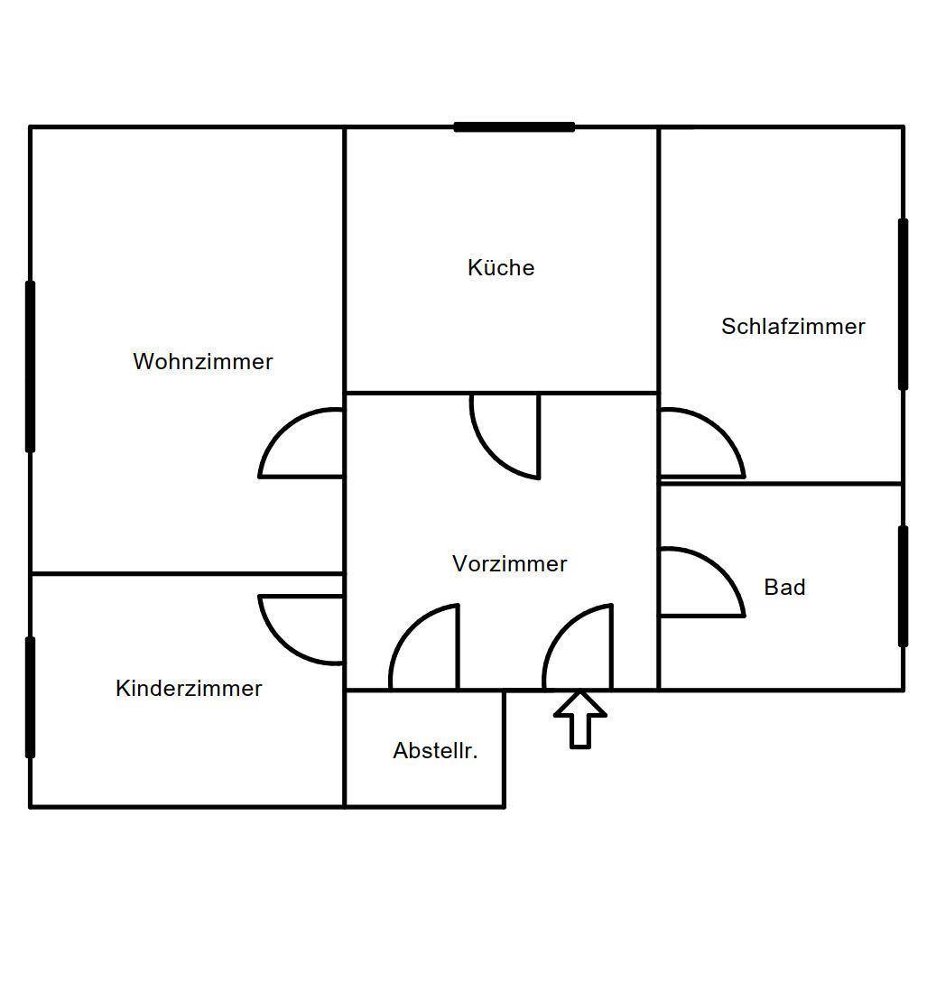 Grundriss einer Wohnung mit Wohnzimmer, Küche, Schlafzimmer, Kinderzimmer, Bad und Abstellraum.