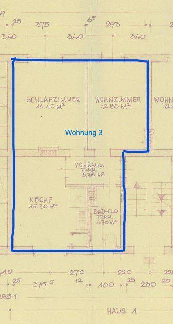 Grundriss der Wohnung 3 mit Schlafzimmer, Wohnzimmer, Küche, Bad und Terrasse.