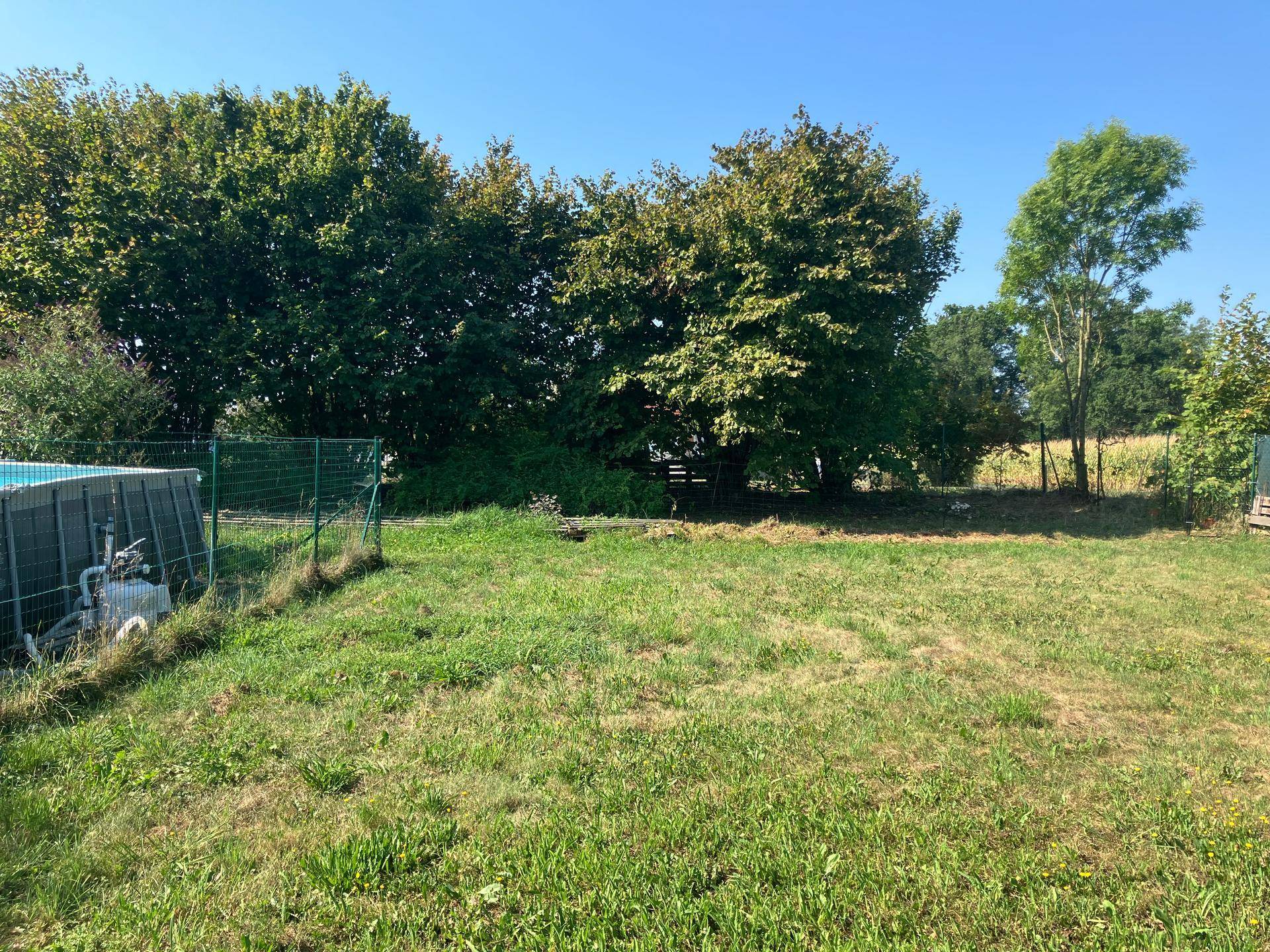 Weitläufiger Gartenbereich mit Rasen, Bäumen und einem sichtbaren Aufstellpool am Rand.