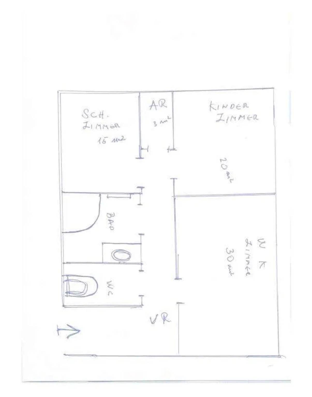 Handgezeichneter Grundriss mit Raumaufteilung, inklusive Schlafzimmer, Kinderzimmer, Bad und WC.