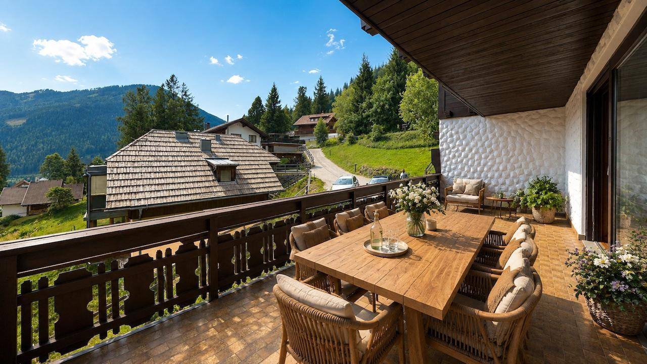 Geräumiger Balkon mit Esstisch und Sitzgelegenheiten, bietet einen weiten Blick auf die Berge.