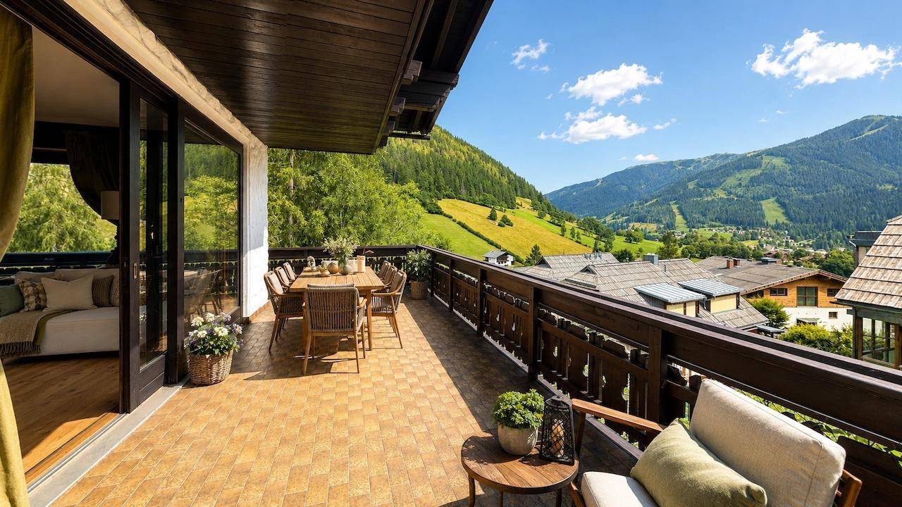 Großer Balkon mit Essbereich und Panoramablick auf das Tal und die umliegende Berglandschaft.