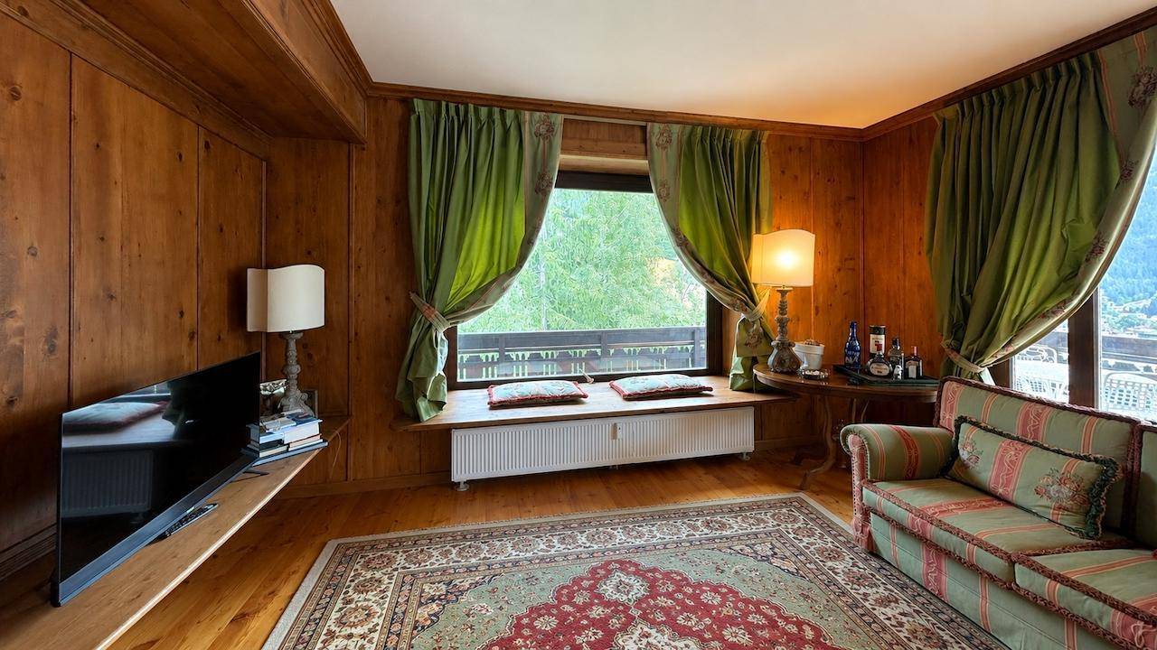 Helles Wohnzimmer mit Holzwänden, Fernseher und einem Fenster mit Blick ins Grüne.