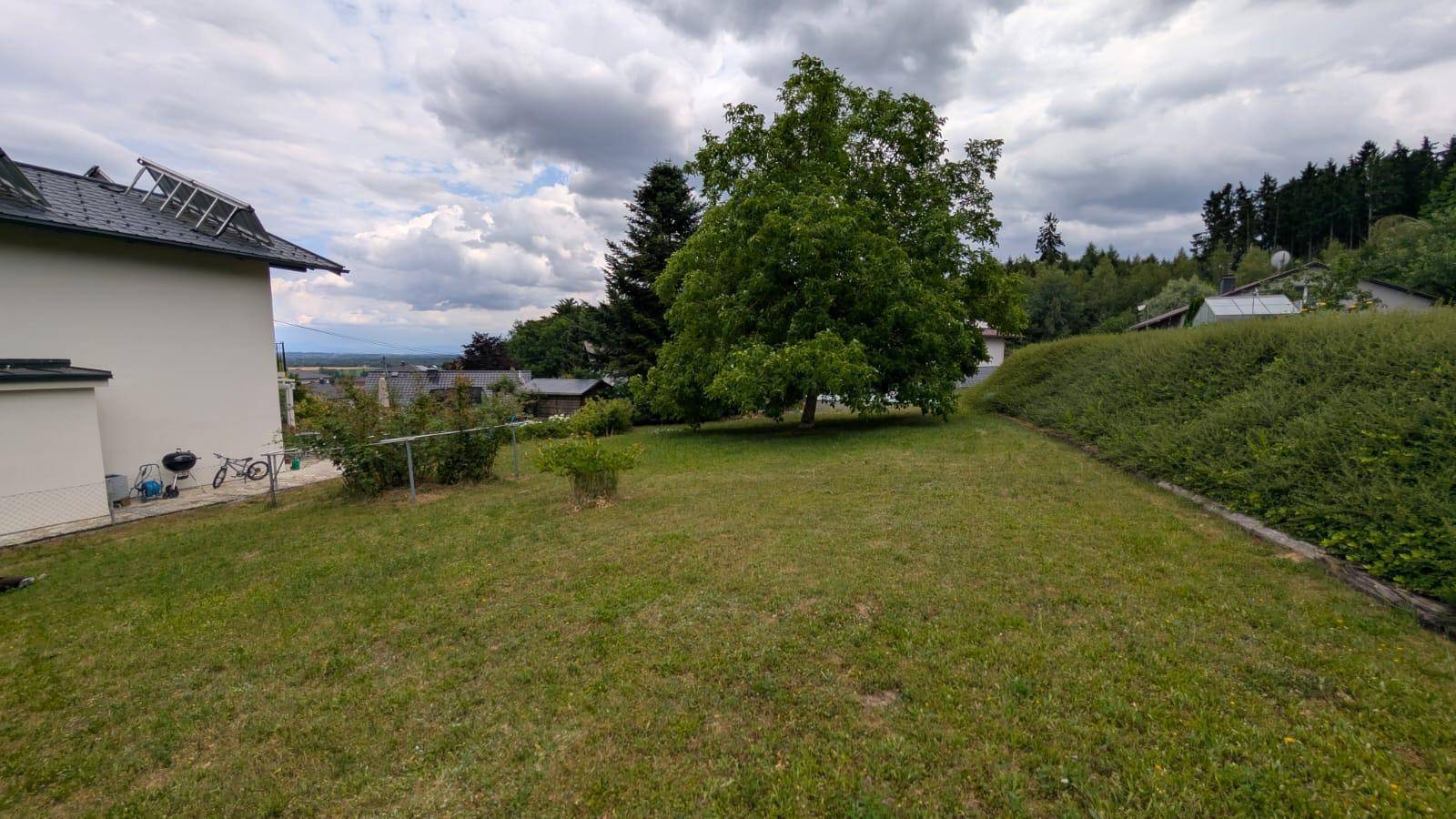 Weitläufiger Rasenbereich des Gartens mit Baumbestand und Blick auf die Umgebung.