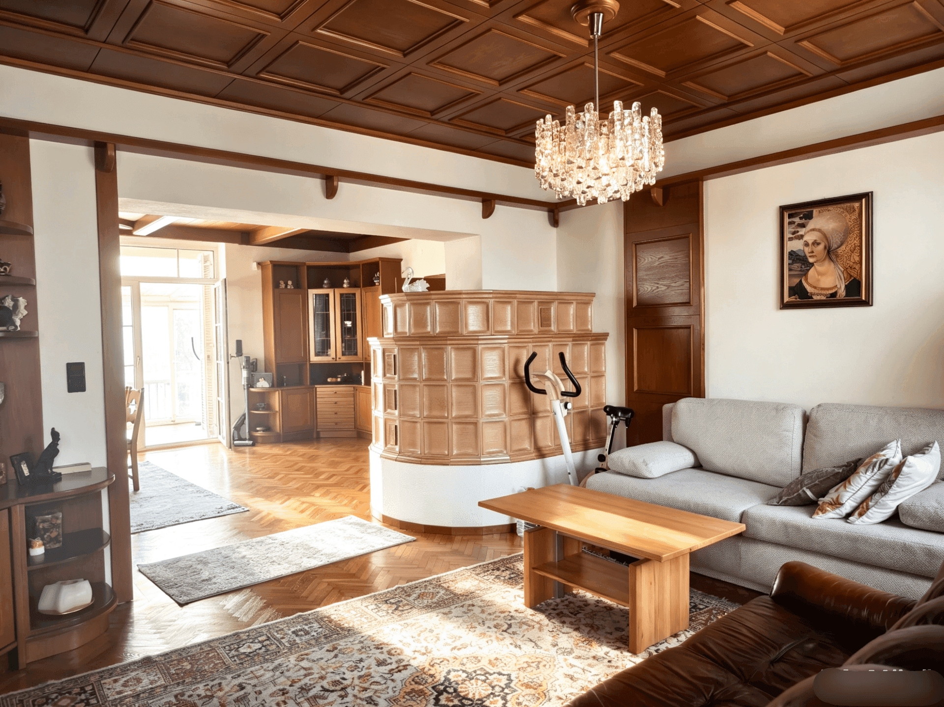 Gemütliches Wohnzimmer mit Sofa, Couchtisch, Kachelofen und einem eleganten Kronleuchter.