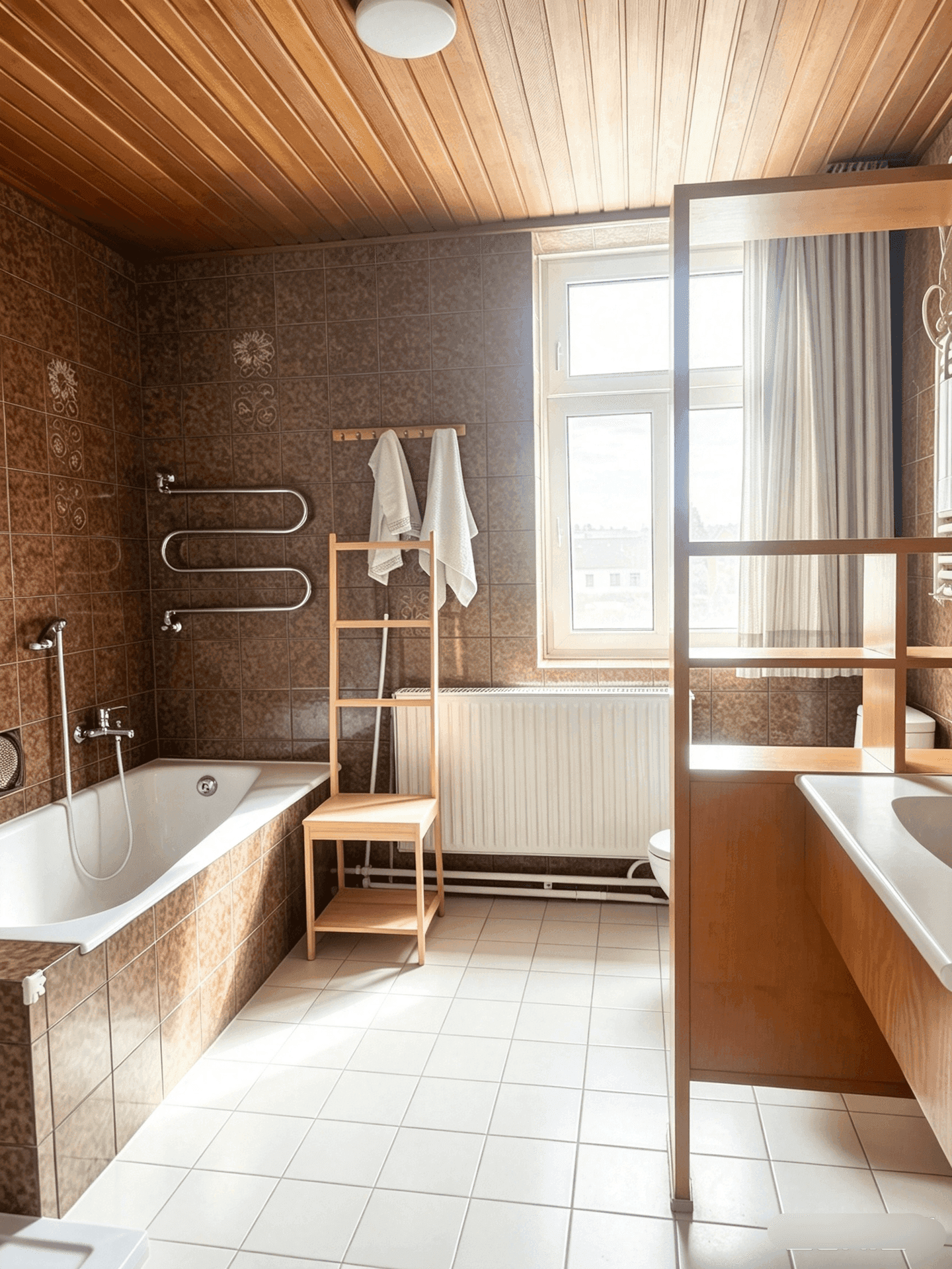 Badezimmer mit braunen Fliesen, Badewanne, Holzdecke und einem großen Fenster.