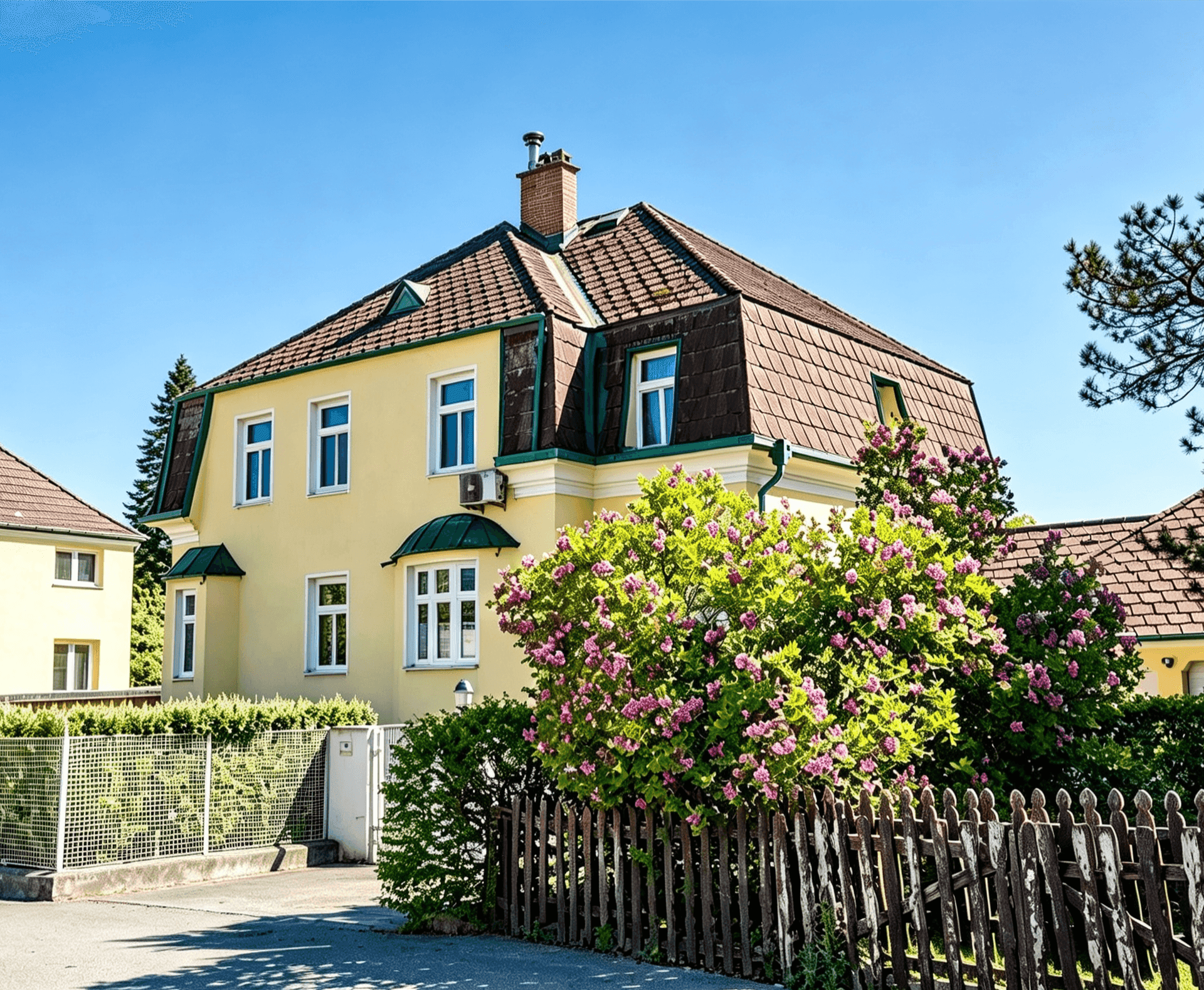 Gelbes Haus mit Mansarddach, umgeben von einem Zaun und blühenden Sträuchern unter blauem Himmel.