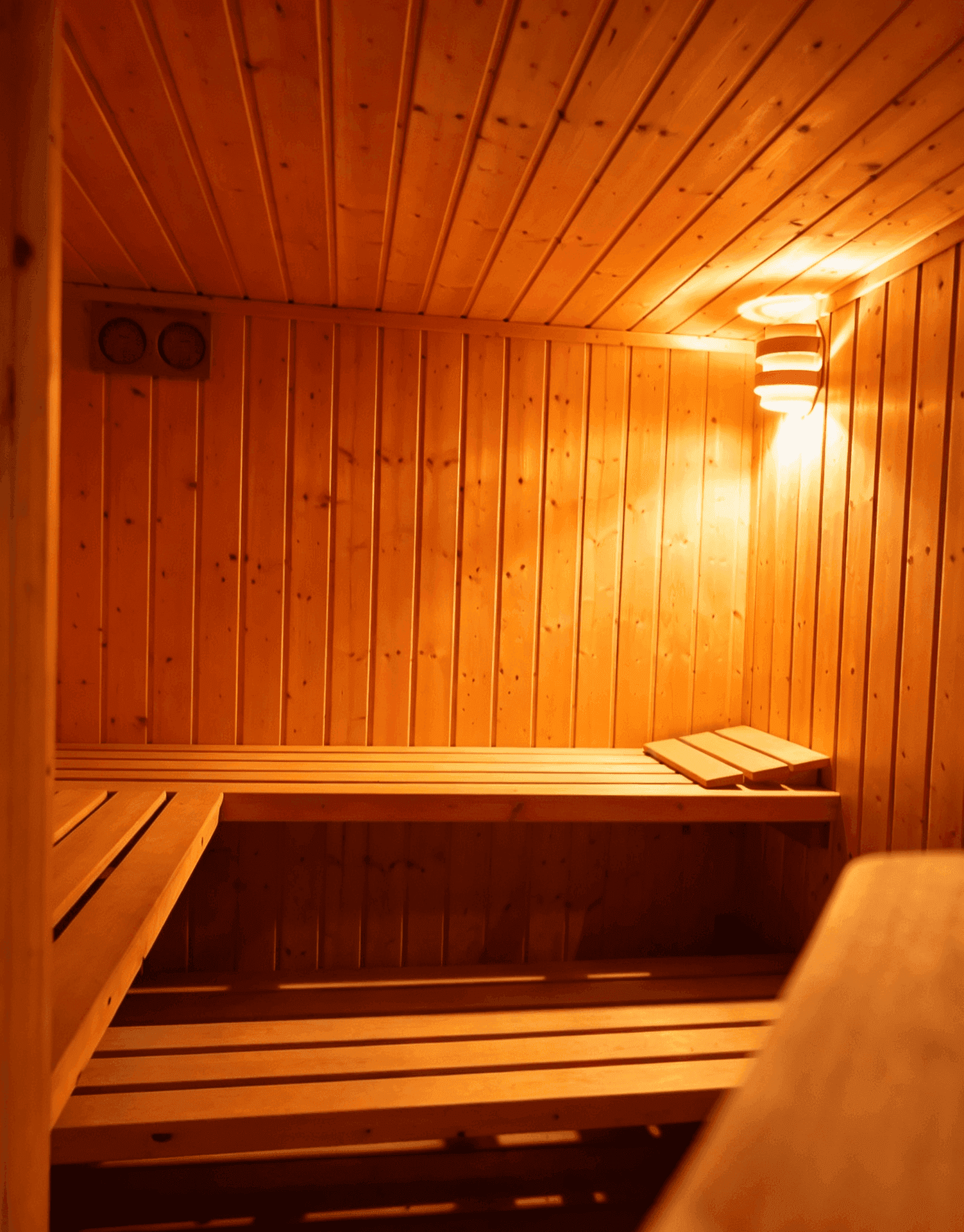 Innenansicht der Sauna mit Holzverkleidung und warmem Licht.