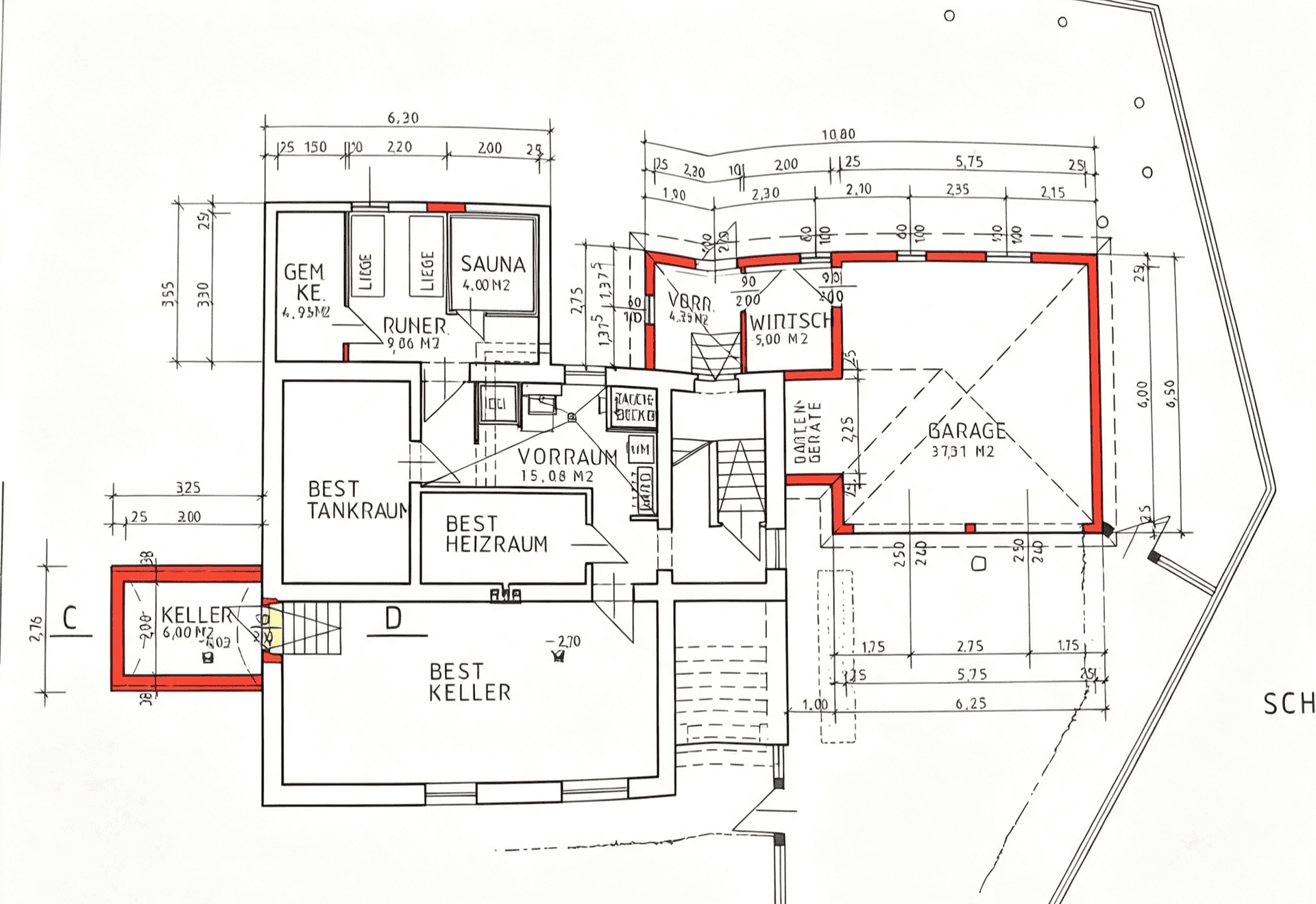 Detaillierter Grundriss des Kellergeschosses mit Sauna, Heizraum und Garage.