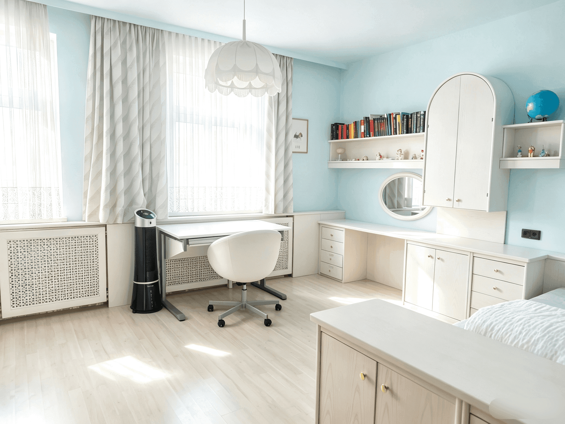 Helles Kinderzimmer mit hellblauen Wänden, weißen Möbeln und großzügigen Fenstern.