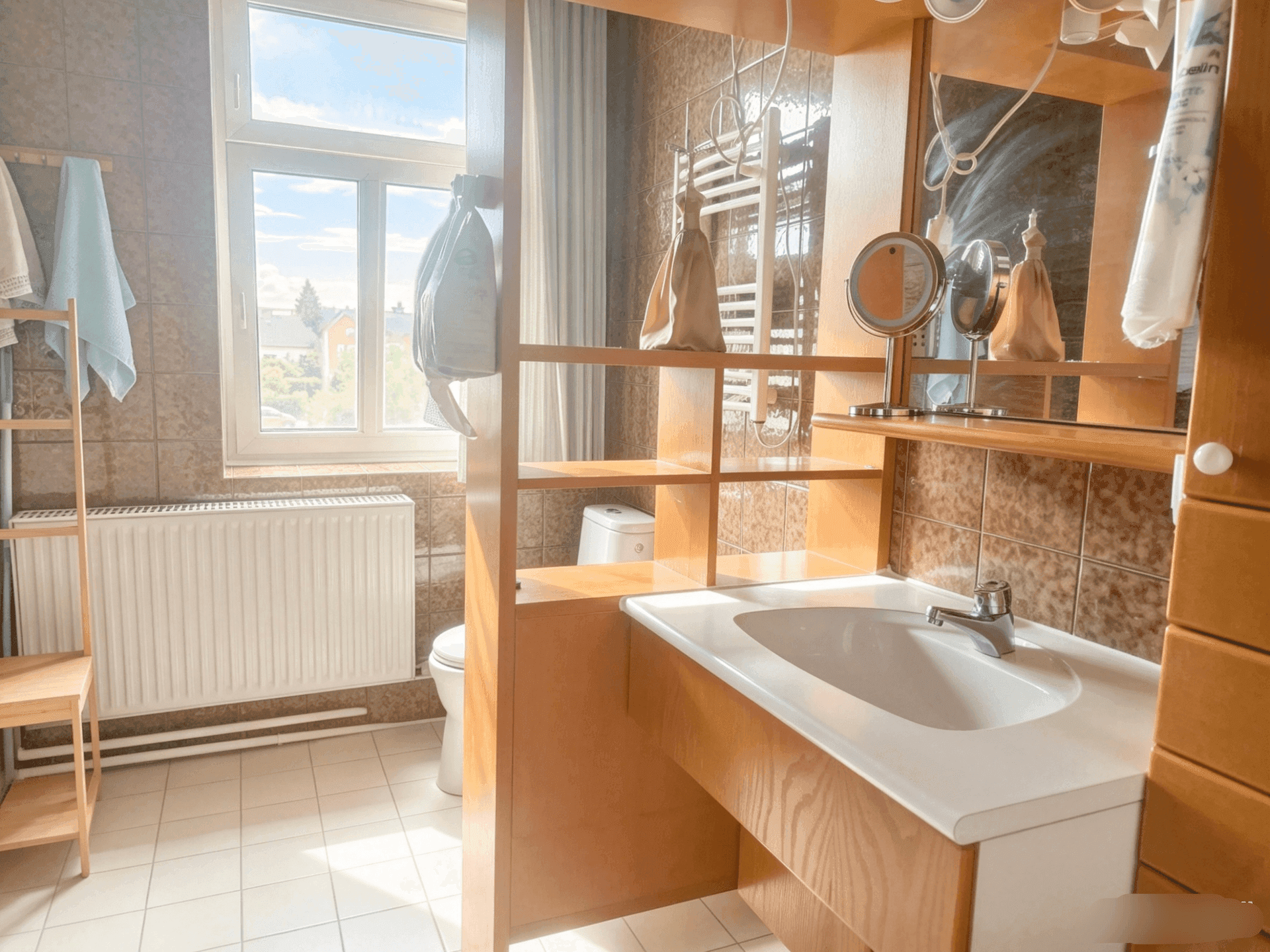 Badezimmer mit Waschtisch, Spiegel, Ablagen und Blick auf das Fenster.