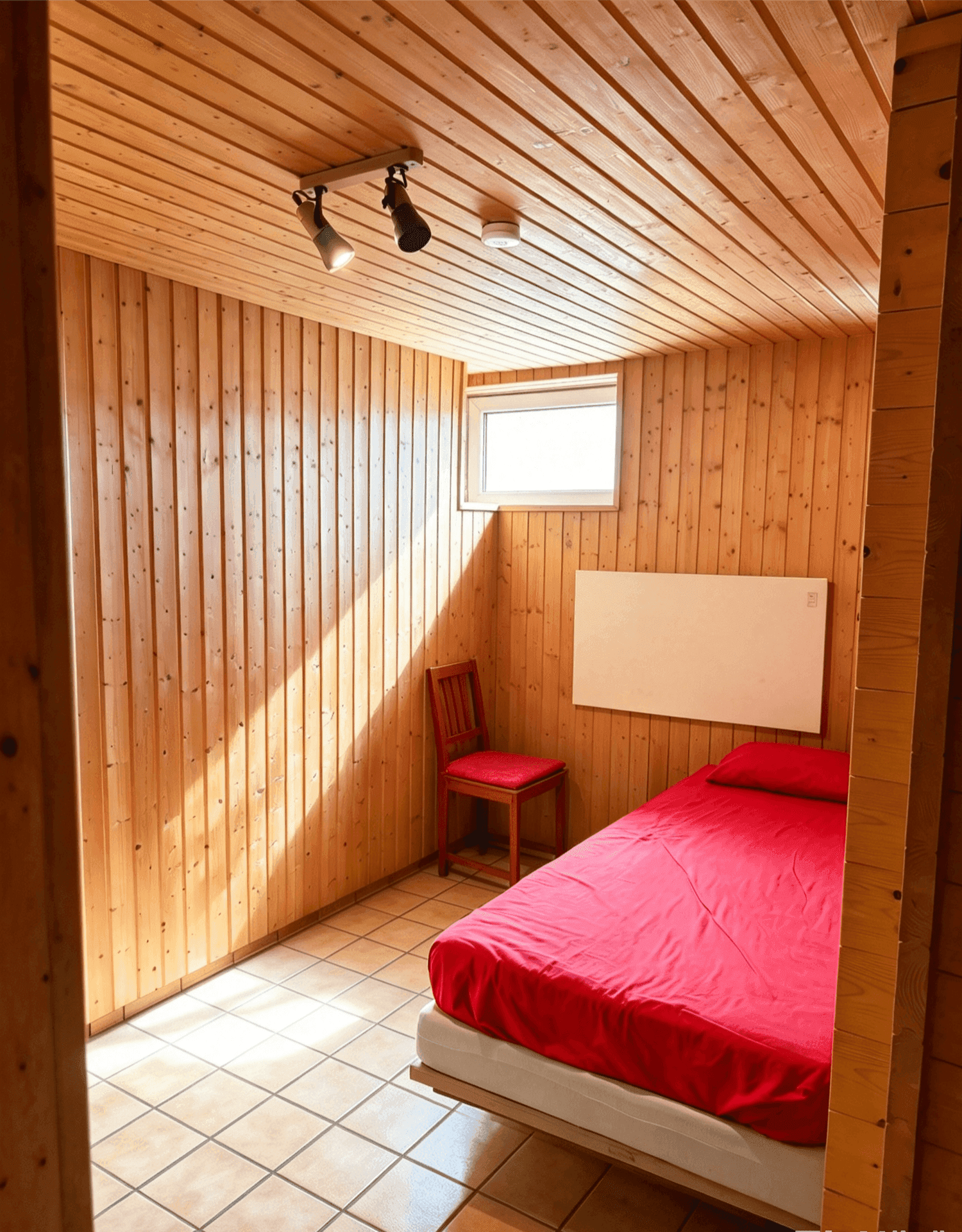 Kleines Schlafzimmer mit Holzvertäfelung, Einzelbett und einem Fenster.