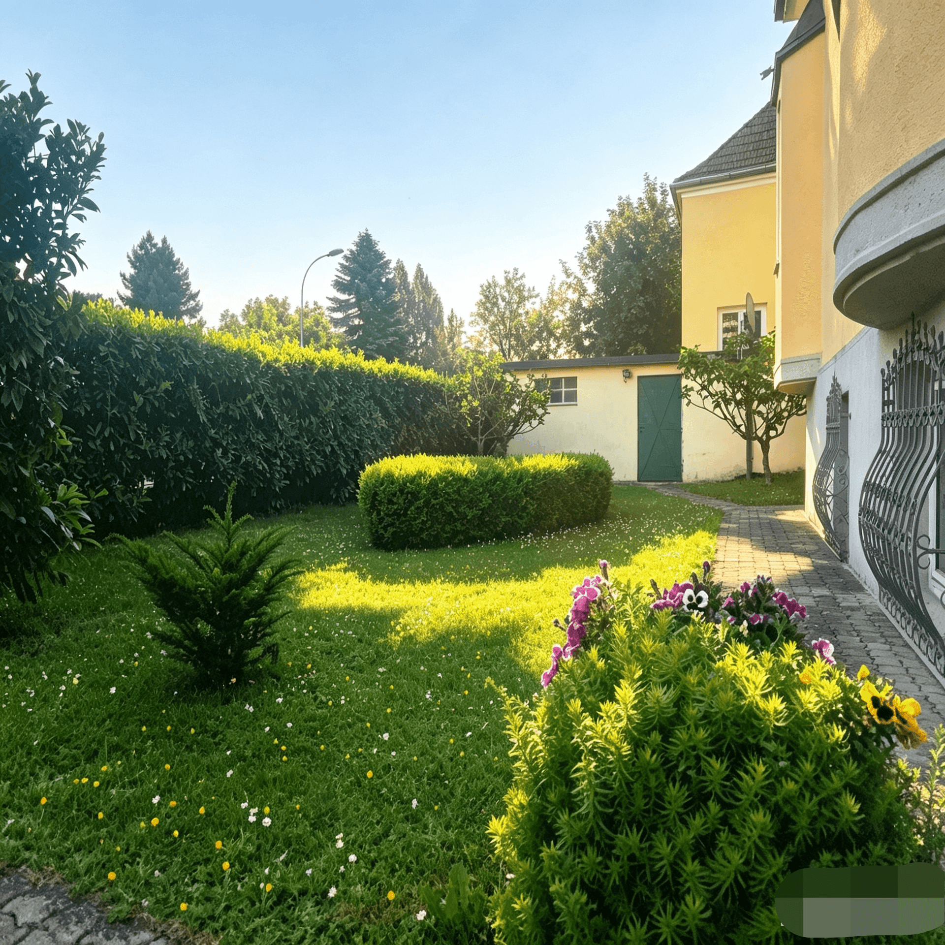 Sonnige Gartenfläche vor dem Haus mit gepflegtem Rasen und grünen Büschen.