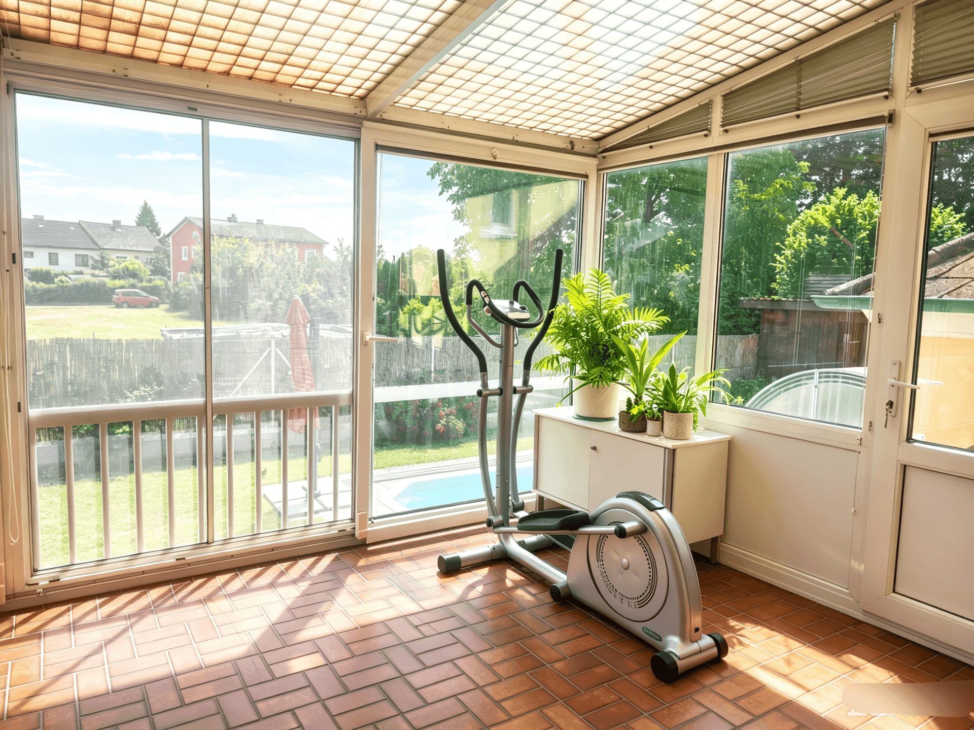 Geräumiger Wintergarten mit Fitnessgerät, Pflanzen und Blick auf den Garten und den Pool.