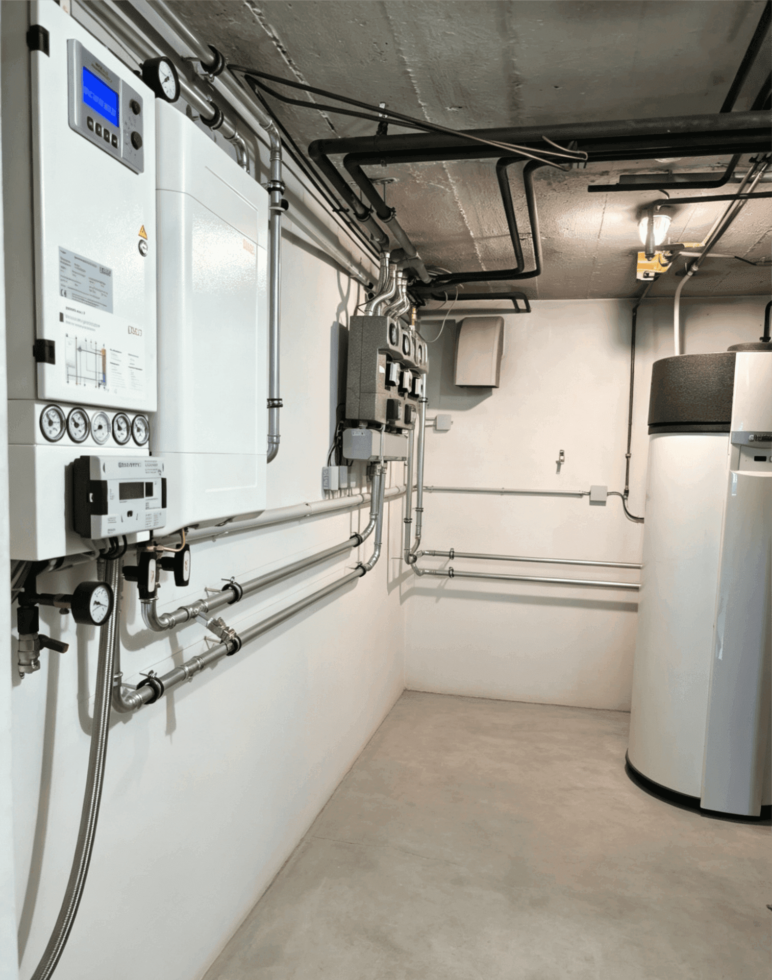 Geräumiger Technikraum im Keller mit Heizungsanlage, Warmwasserspeicher und Rohrinstallationen.