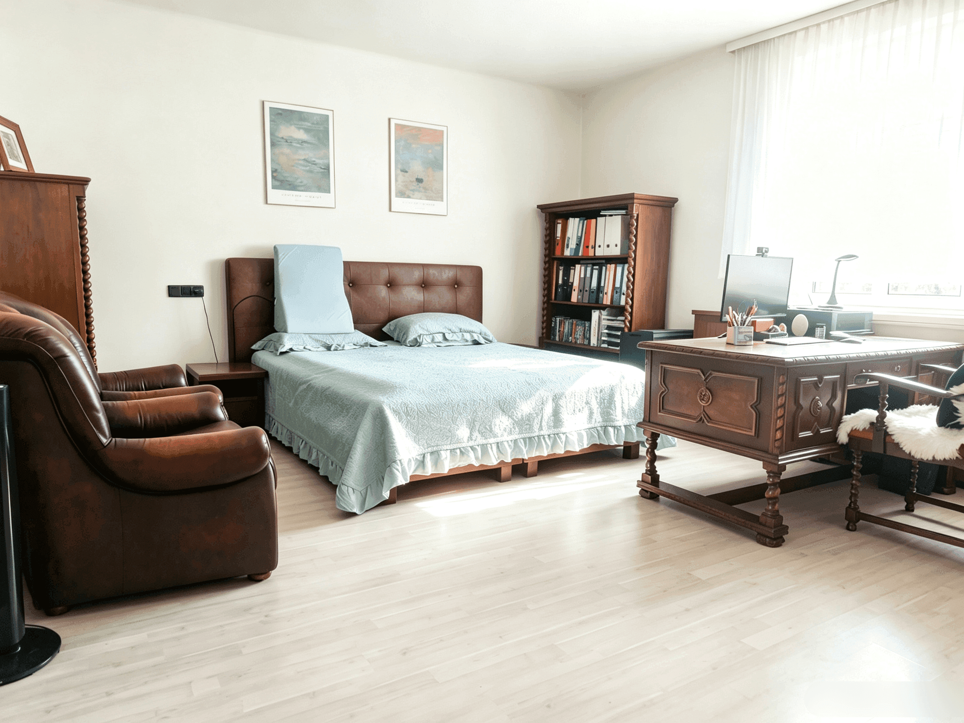 Geräumiges Schlafzimmer mit Doppelbett, Ledersessel, Holzschreibtisch und hellem Holzboden.