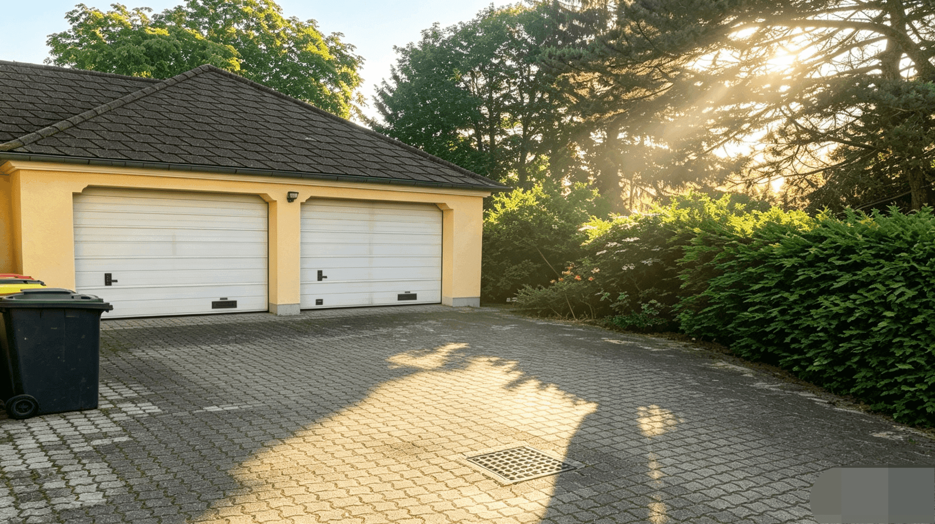 Doppelgarage mit gepflasterter Einfahrt und umgebendem Grün im Sonnenlicht.