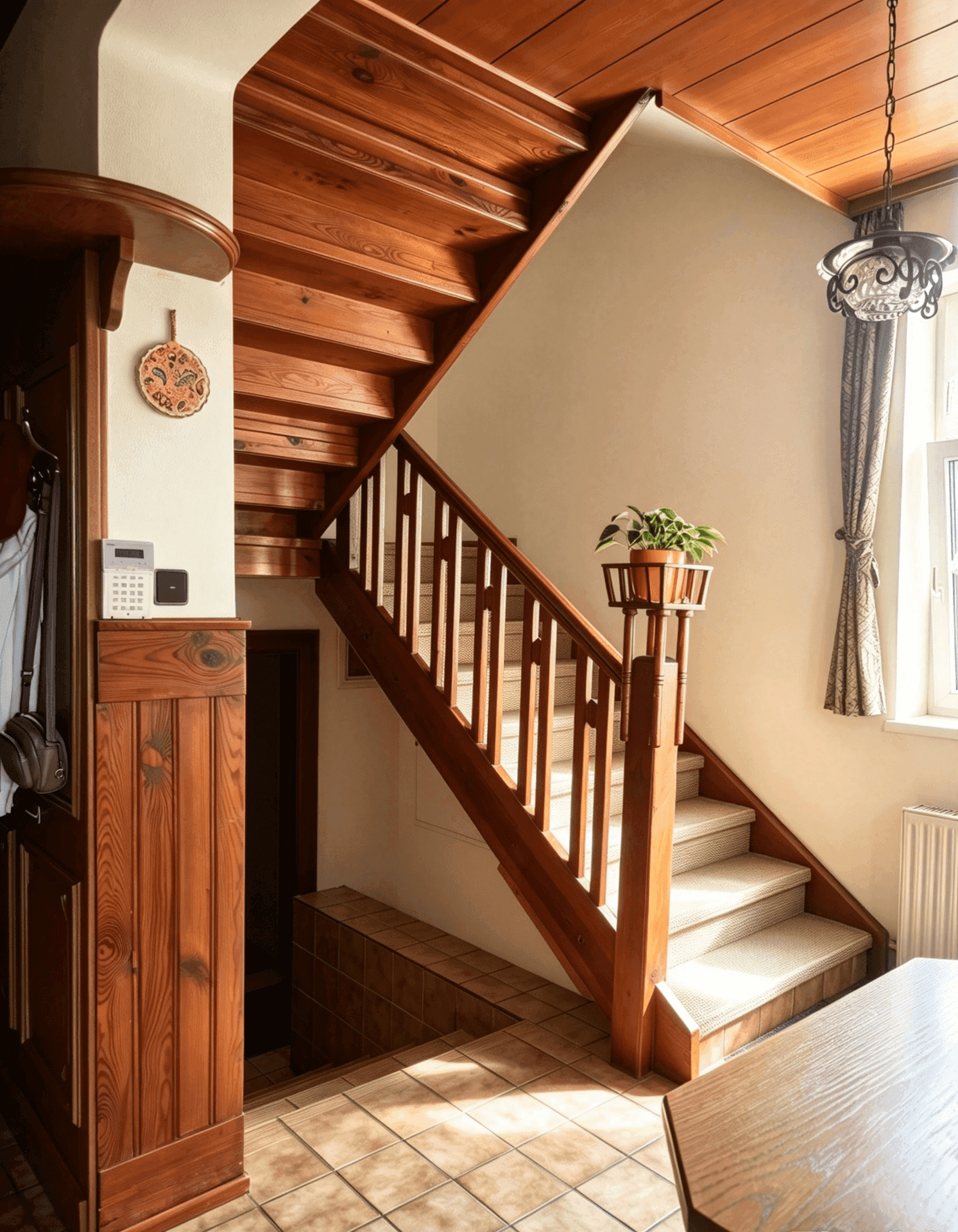 Holztreppe mit Geländer, die in die oberen Stockwerke und zum Keller führt.